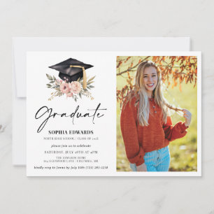 Graduation Hat With Flowers and Photo Invitation