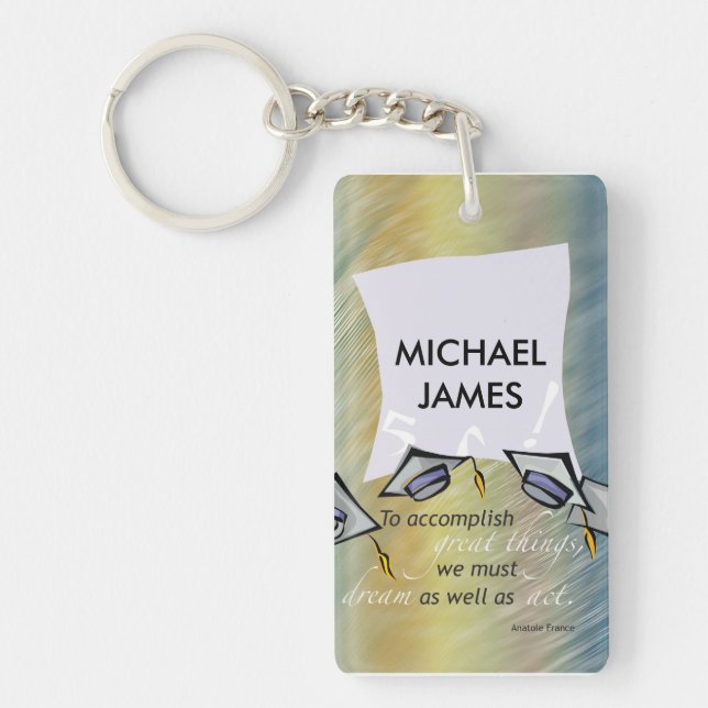 Graduation Hats in Air, Custom Vertical Gift Key Ring (Front)