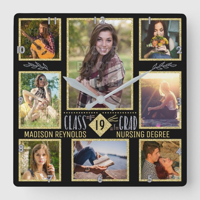Graduation High School College Grad Photo Collage Square Wall Clock (Front)