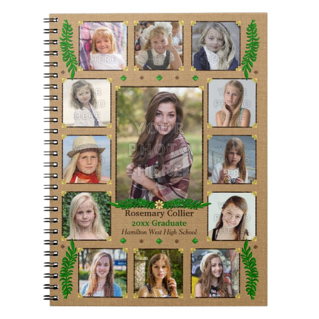 Graduation High School Photo Collage | Burlap Fern Spiral Notebook (Front)