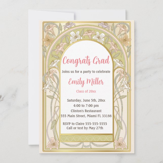 Graduation Invitation Floral Retro Vintage (Front)