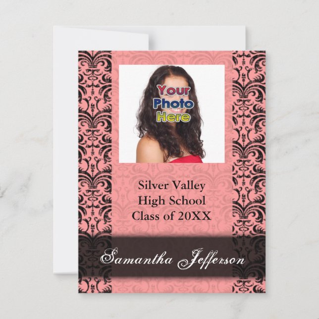 Graduation Invitation, Pink and Black Damask Invitation (Front)