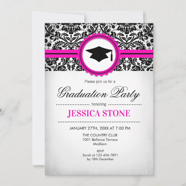 Graduation Invitation - Pink Black White Damask (Front)