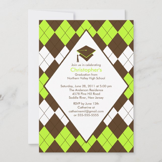 Graduation Invitation Preppy Brown & Green Argyle (Front)