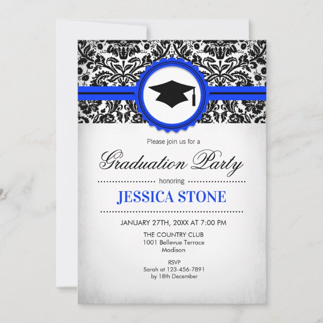 Graduation Invitation - Royal Blue Black White (Front)