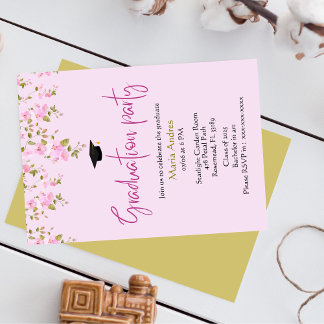 graduation invitation with a pink floral Green 