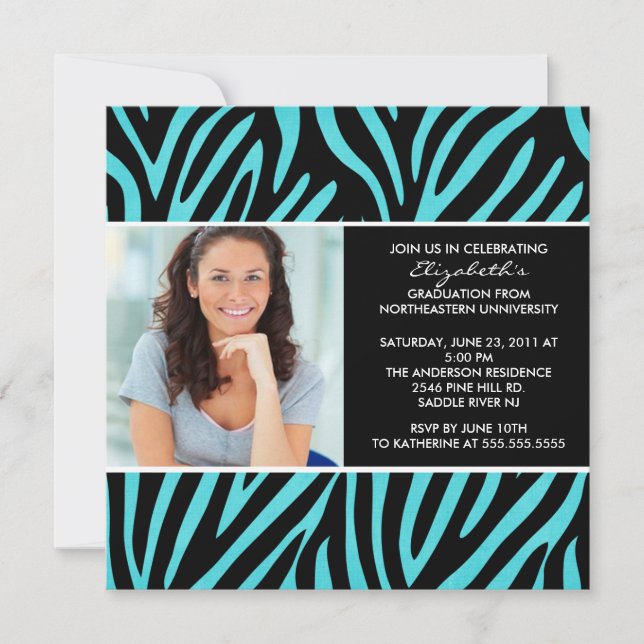 Graduation Invitation with Photo Turquoise  Zebra (Front)