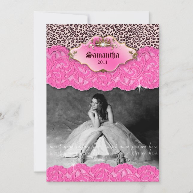 Graduation Invite Announcement Leopard Crown Pink (Front)