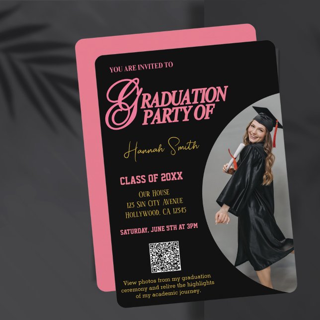 Graduation Invite,Custom Photo,QR Code,Pink Modern Holiday Card (Creator Uploaded)