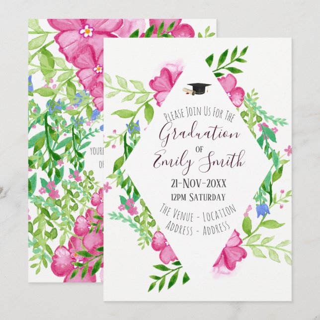 Graduation Invite Floral Watercolor Wreath Girl (Front/Back)
