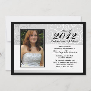 Graduation Invite -Photo Black White & Grey Swirl