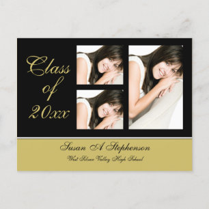 Graduation Invite Postcard, Black + Gold, 3 Photos