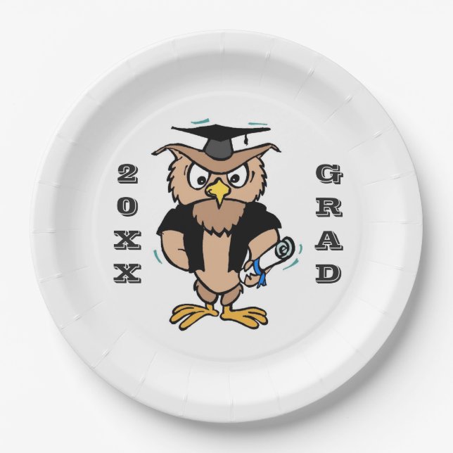 Graduation Invites Wise Old Owl Diploma Cap Paper Plate (Front)