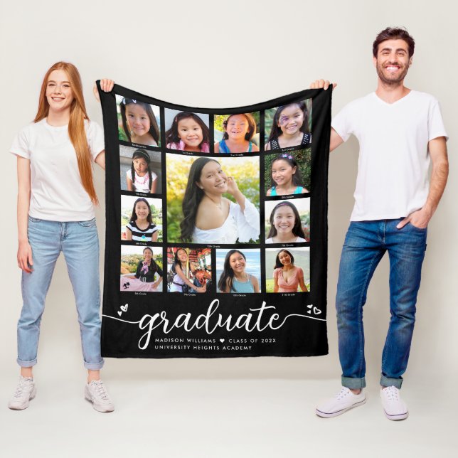 Graduation K–12 Black Modern Script Photo Collage  Fleece Blanket (In Situ)