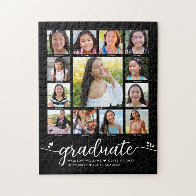 Graduation K–12 Modern Script Photo Collage Black Jigsaw Puzzle (Vertical)