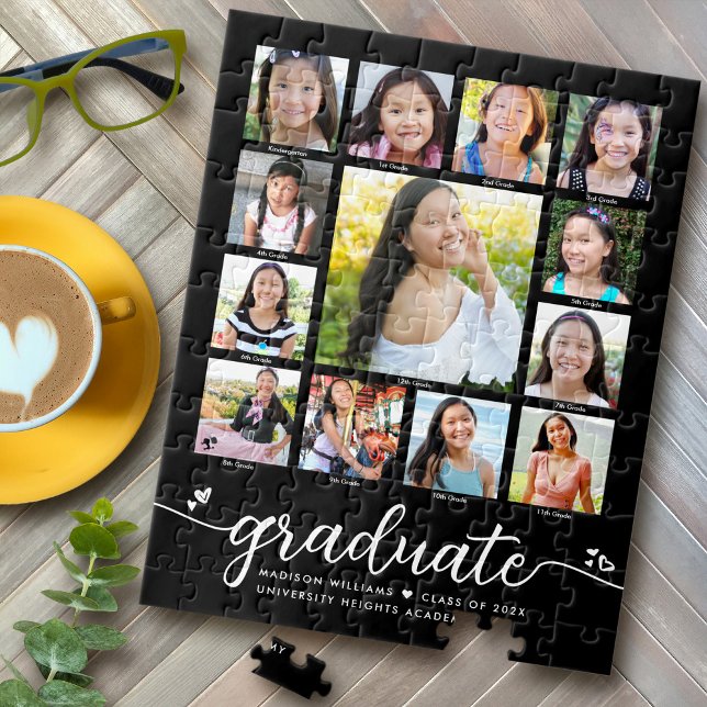 Graduation K–12 Modern Script Photo Collage Black Jigsaw Puzzle (Creator Uploaded)
