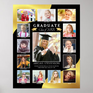 Graduation K-12 Photo Collage Black Gold Metallic Poster