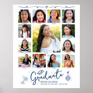 Graduation K–12 Photo Collage Blue White Doodles Poster