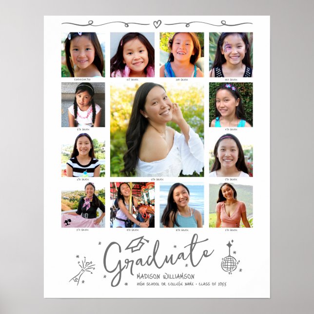 Graduation K–12 Photo Collage Gray Doodles White Poster (Front)