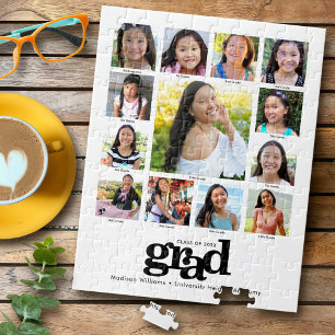 Graduation K–12 Photo Collage Modern Black White Jigsaw Puzzle