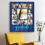 Graduation K–12 Photo Collage Navy Blue Script Canvas Print<br><div class="desc">Be proud, rejoice and showcase this milestone of your favourite grad. Create this girly, stunning, simple, modern, personalised high school graduation K – 12 photo collage canvas wall art for a keepsake you’ll always treasure. A fun, elegant visual of aqua turquoise blue glitter script typography, along with her name, class...</div>