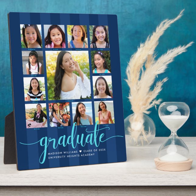 Graduation K–12 Photo Collage Navy Blue Script Plaque (Side)