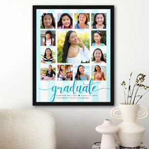 Graduation K–12 Photo Collage Turquoise Script Poster