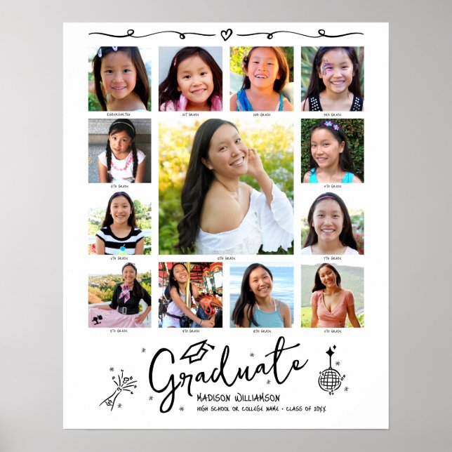 Graduation K–12 Photo Collage White Black Doodles Poster (Front)