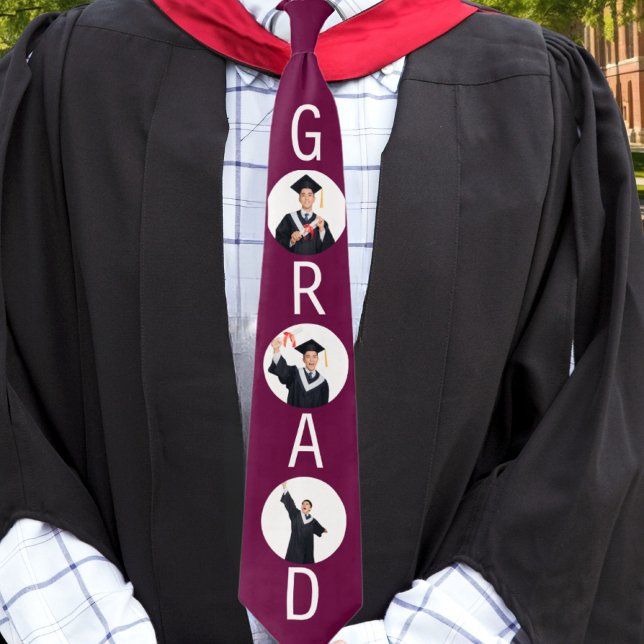 Graduation Keepsake 3 Photos Grad Burgundy Tie (A stylish tie for graduation, with 3 custom photos in round 'frames' and the word 'Grad' in capitals)