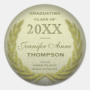 Graduation Laurel Wreath Gold Glitter Look Classic Round Sticker