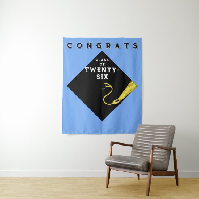 Graduation Light Blue 2026 Party Photo Backdrop Tapestry (In Situ)