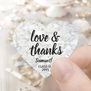 Graduation Love & Thanks Black & White Faux Marble Heart Sticker