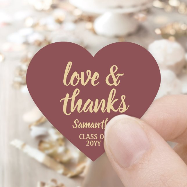 Graduation Love & Thanks Burgundy & Gold Elegant Heart Sticker (Creator Uploaded)