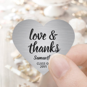 Graduation Love & Thanks Faux Brushed Silver Heart Sticker