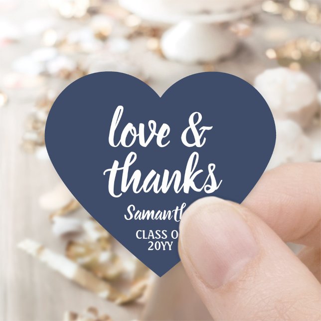 Graduation Love & Thanks Navy Blue & White Elegant Heart Sticker (Creator Uploaded)