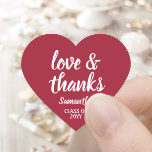 Graduation Love & Thanks Red & White Simple Script Heart Sticker