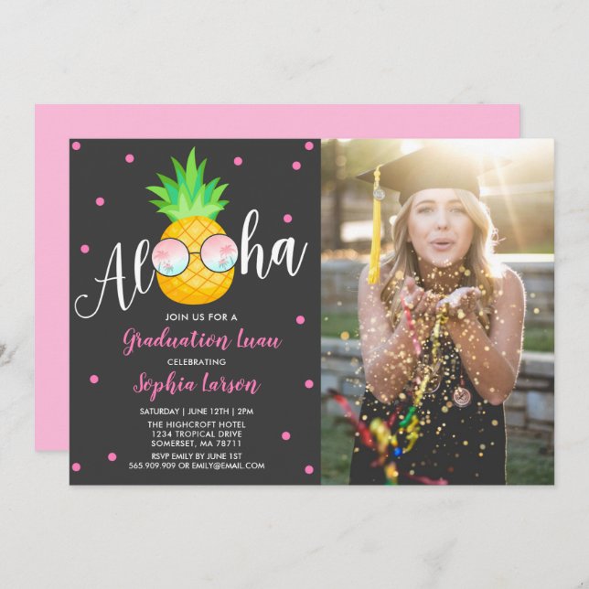 Graduation Luau Party Invitation Pineapple Grad (Front/Back)
