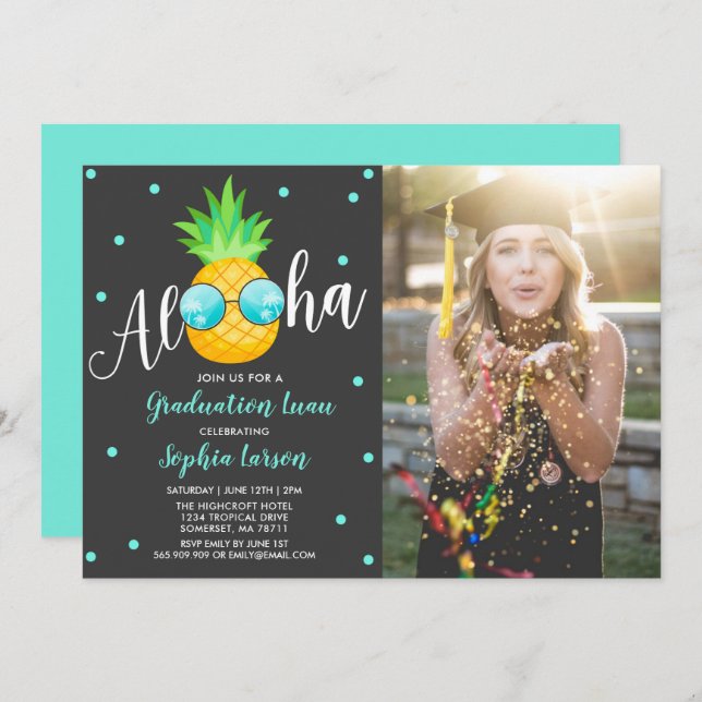 Graduation Luau Party Invitation Pineapple Grad (Front/Back)