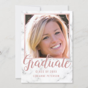 Graduation Marble Rose Gold Photo Pink Script Announcement