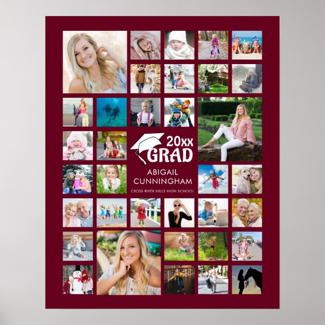 Graduation Maroon 35 Photo Collage GRAD Keepsake Poster (Front)