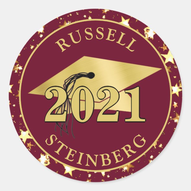 Graduation Maroon Burgundy Gold Cap Stars Classic Round Sticker (Front)