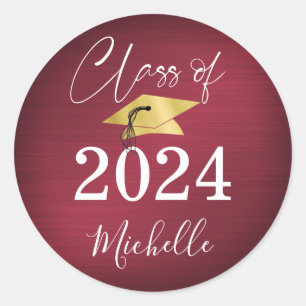 Graduation Maroon Gold Cap Year Faux Metallic Classic Round Sticker