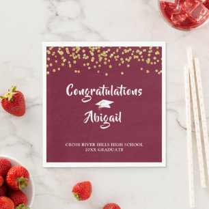 Graduation Maroon Gold Glitter Brush Script Napkin