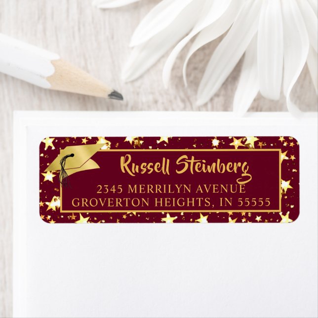 Graduation Maroon Gold Stars Brush Script Label (Insitu)