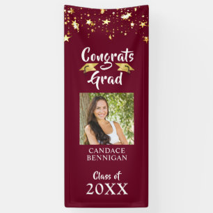 Graduation Maroon Gold Stars Brush Script Photo Banner