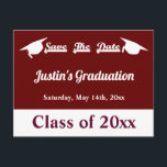 Graduation Maroon Save The Date Card<br><div class="desc">Modern and simple save the date card for a graduation or party or other event. Features graduation cap and modern look. Send to family and friends to let them know to save a date on their calendar for a graduation special event.</div>