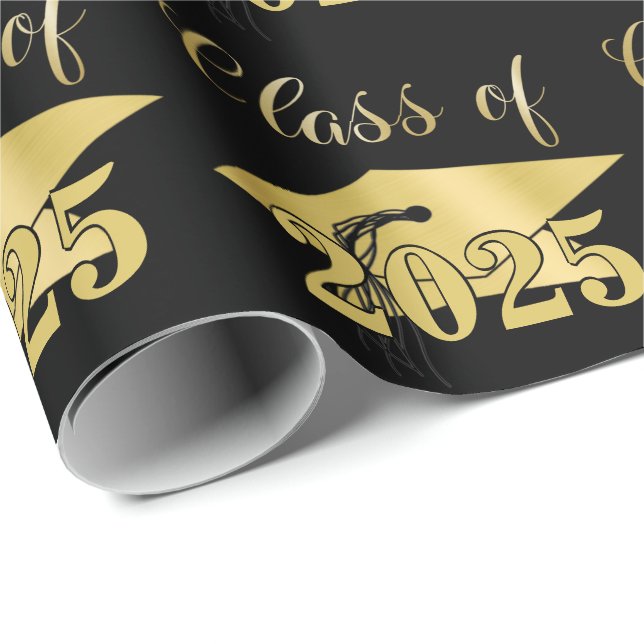 Graduation Metallic Gold Class Year Editable Black Wrapping Paper (Roll Corner)
