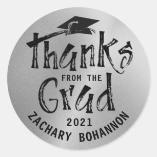 Graduation Metallic Silver Brushed Print THANKS Classic Round Sticker