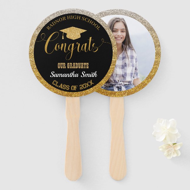 Graduation Modern Black and Gold Graduate Photo Hand Fan (Front and Back)