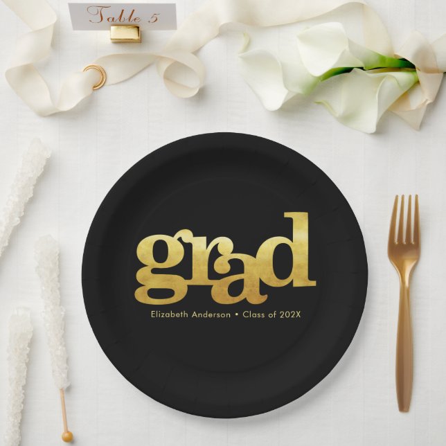 Graduation modern bold gold foil typography black paper plate (Wedding)